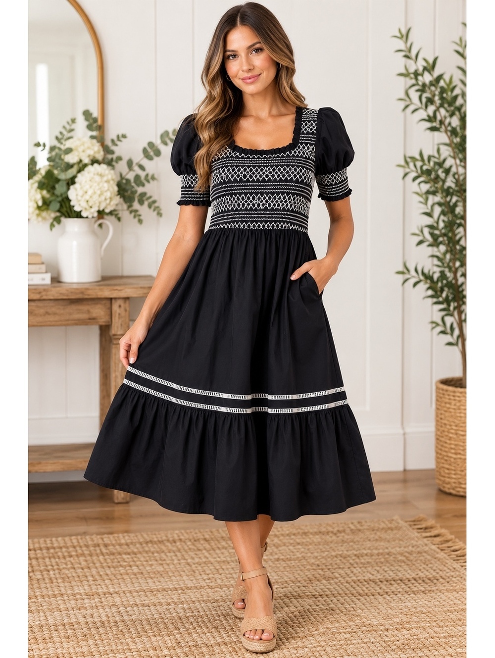SUGARLIPS Navy Smocked Embroidered Midi Dress Size Medium NWT